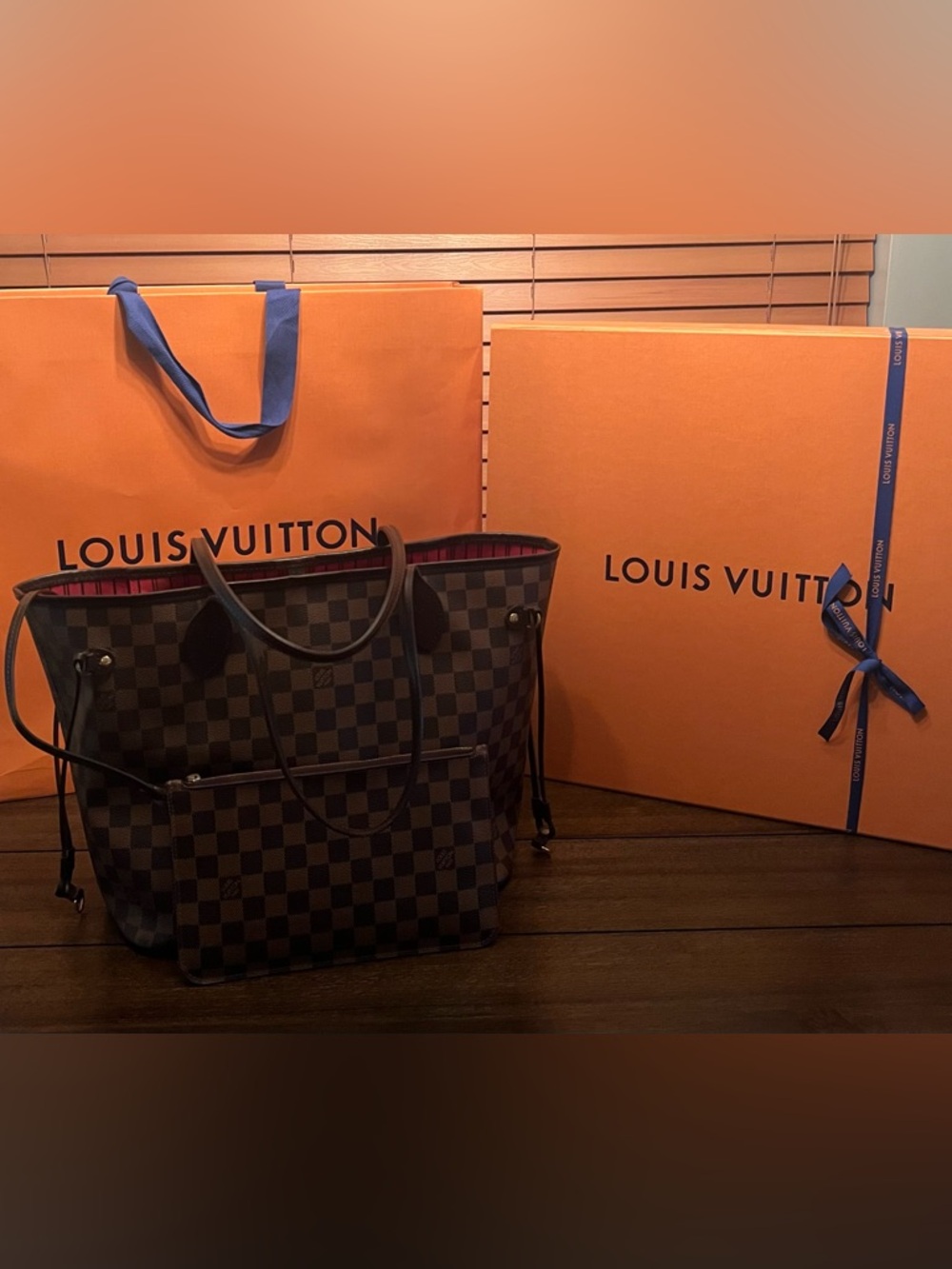 Louis Vuitton Damier Ebene Red Interior Neverfull MM Tote Bag